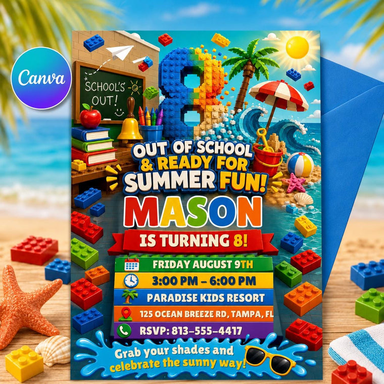 Out of School Summer Fun 8th Birthday Block Party Invitation