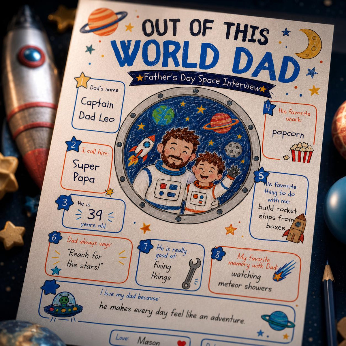Out of This World Dad Father's Day Worksheet — earth and space artwork in blue and orange
