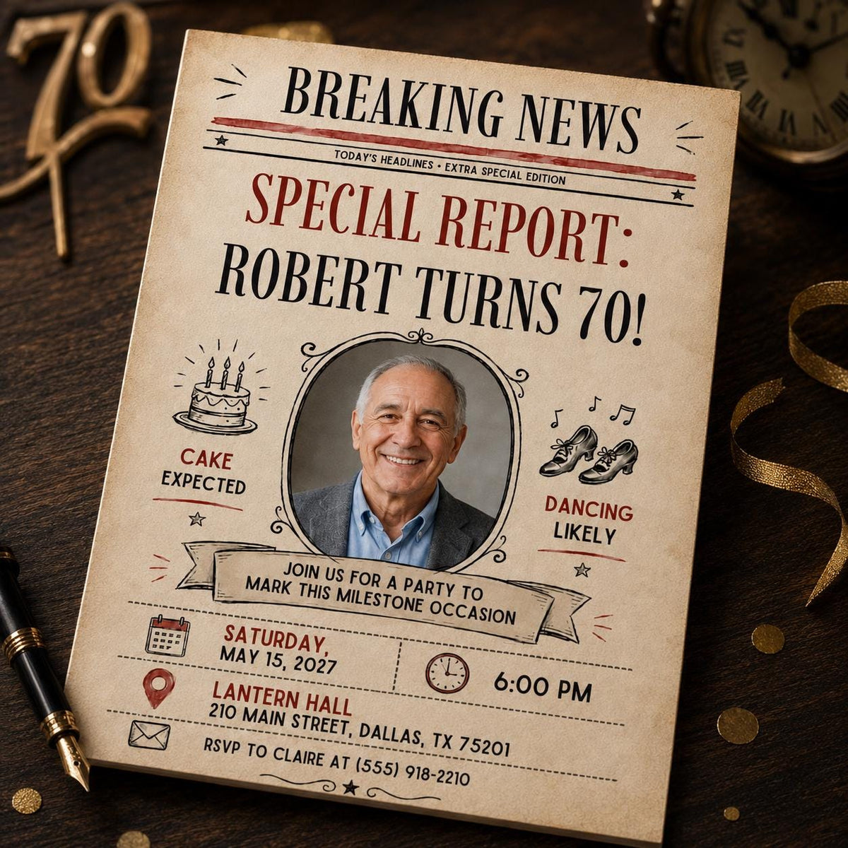 Oval Photo Breaking News 70th Birthday Invitation — editorial 70th birthday party design