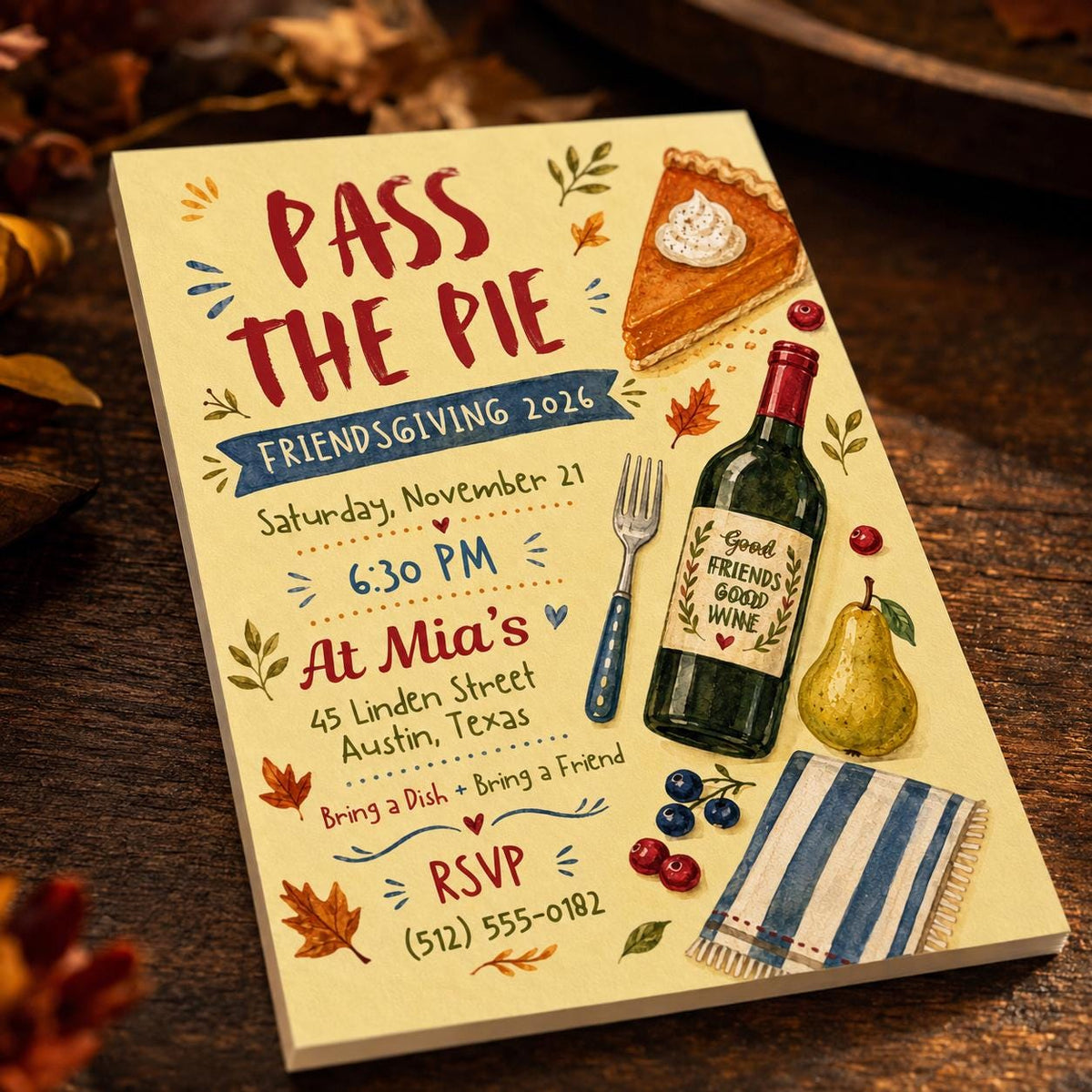 Pass the Pie Friendsgiving Invitation with Wine and Pear — print-ready Friendsgiving design from VoltBy