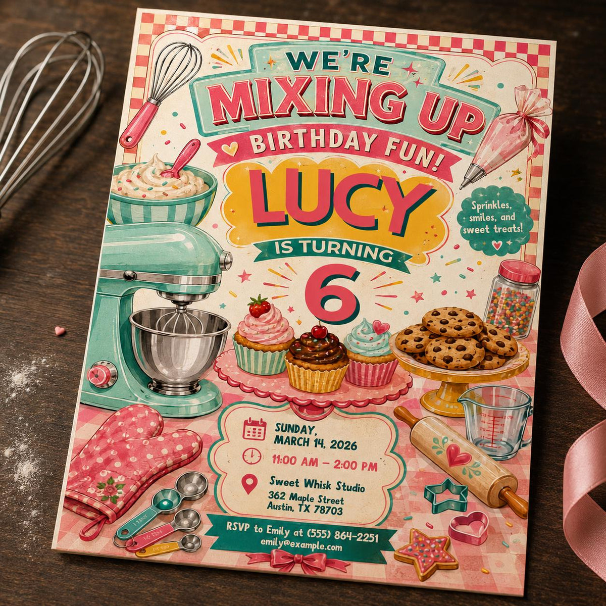 Pastel Baking 6th Birthday Invitation — 6th birthday party stationery by VoltBy