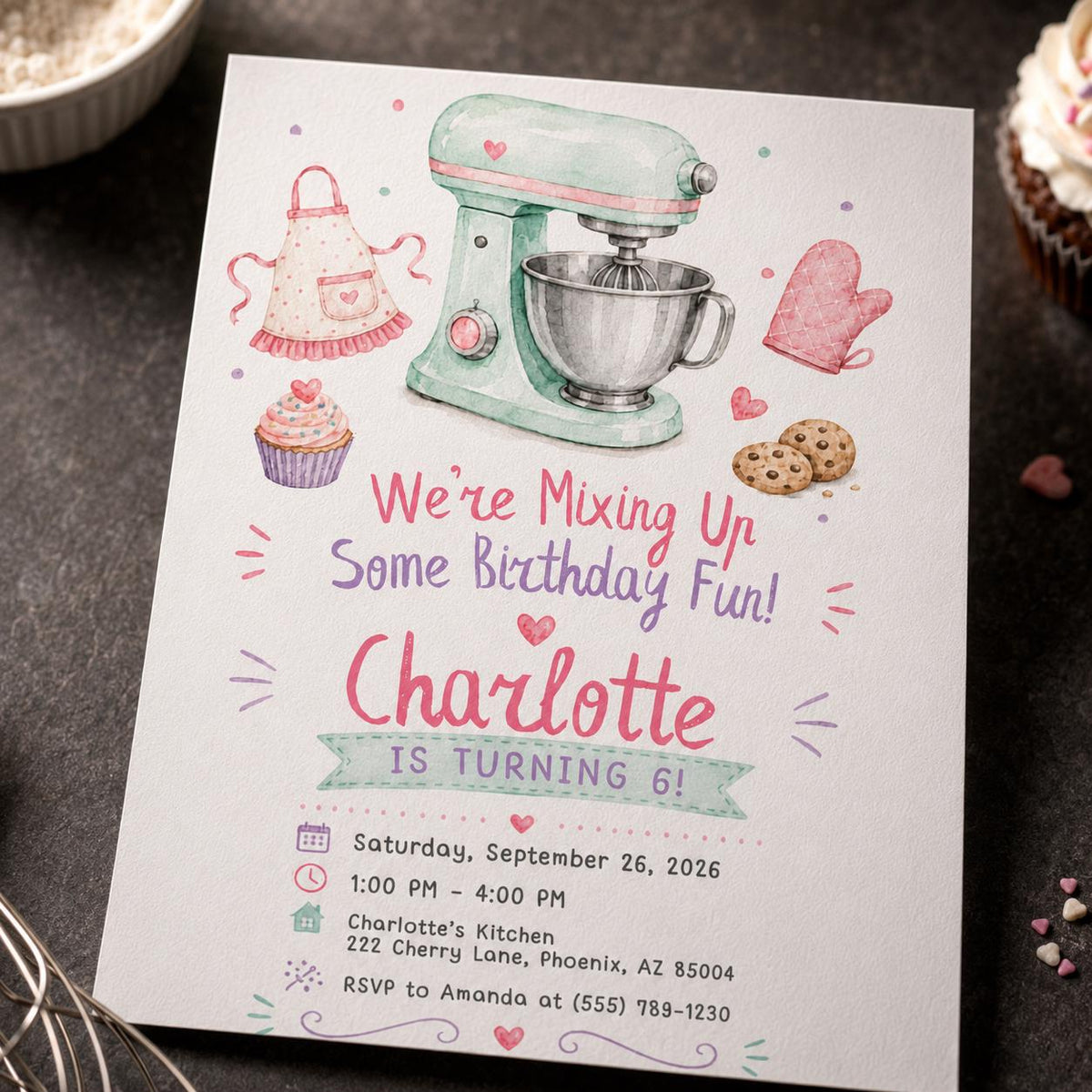 Pastel Baking 6th Birthday Invitation for Girl — 6th birthday party stationery by VoltBy