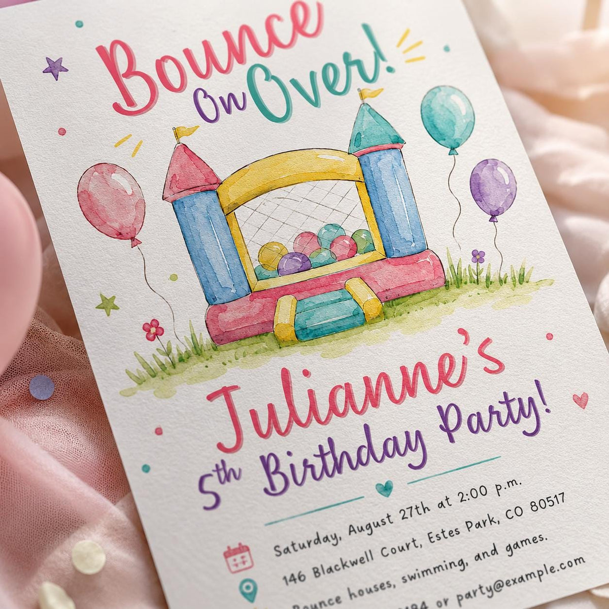 Pastel Bounce House 5th Birthday Invitation for Girls — digital invitation, instant download
