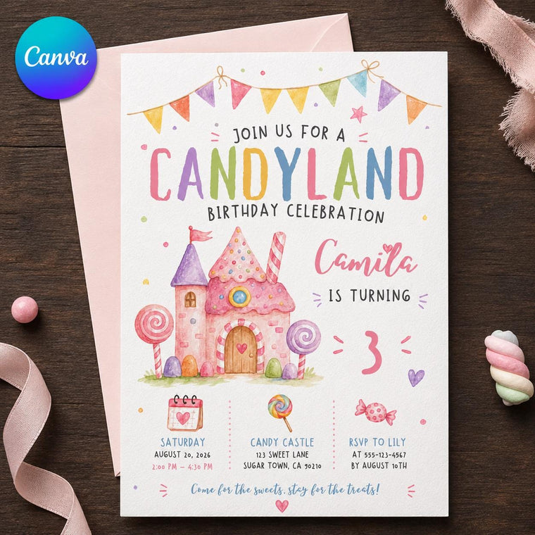 Pastel Candy Castle 3rd Birthday Invitation
