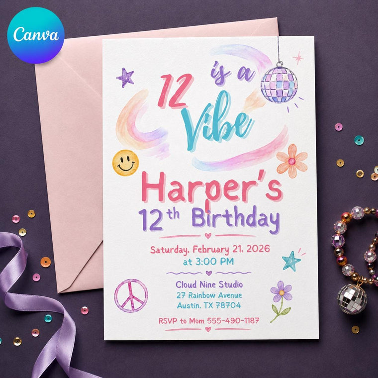 Pastel Disco 12th Birthday Invitation for Girls