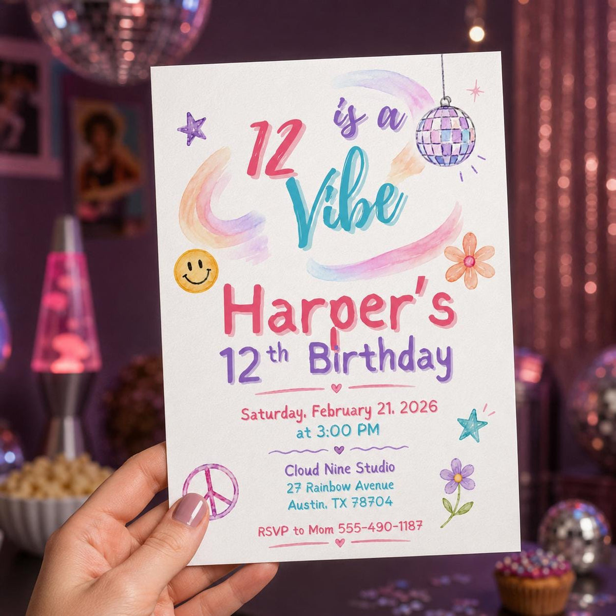 Pastel Disco 12th Birthday Invitation for Girls — digital invitation, instant download
