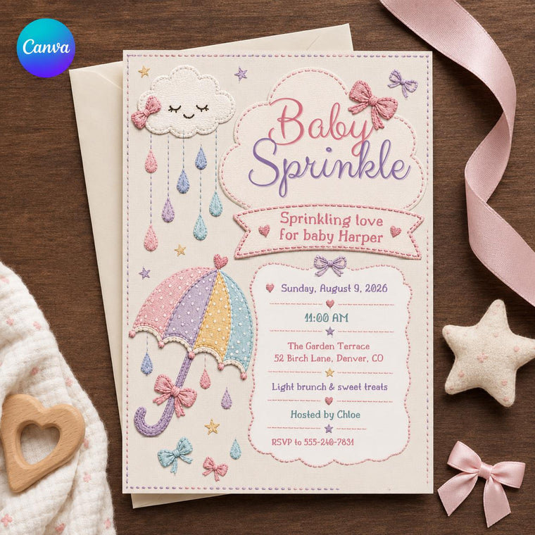 Pastel Embroidery Baby Sprinkle Invitation for Girls