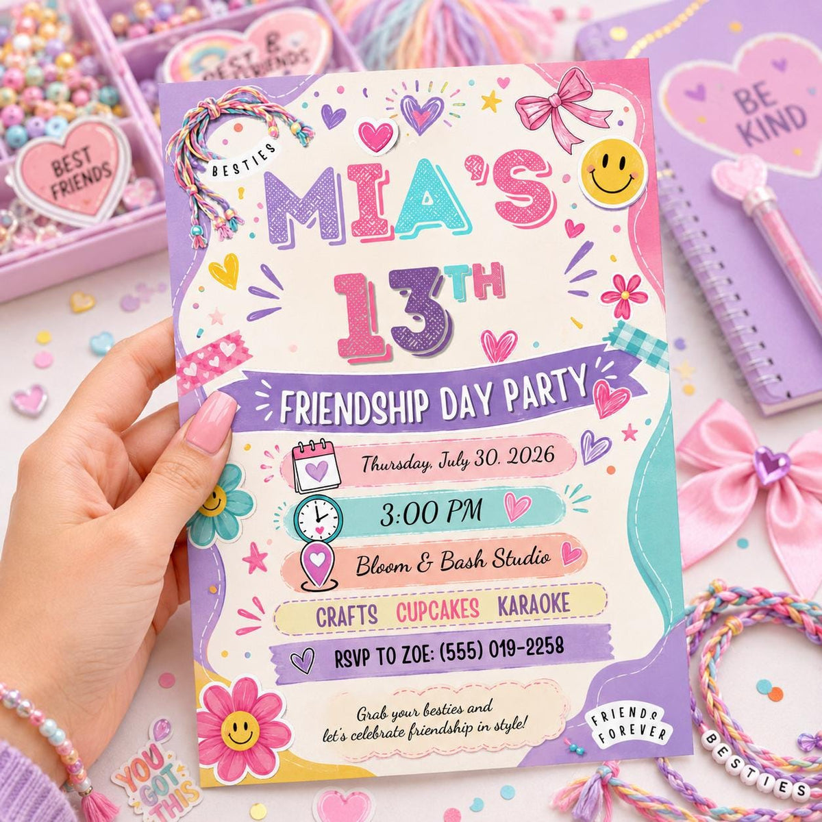 Pastel Friendship Day Party Invitation for Girls — 13th birthday party stationery by VoltBy