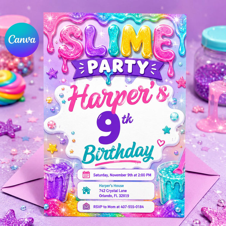 Pastel Glitter Slime 9th Birthday Invitation