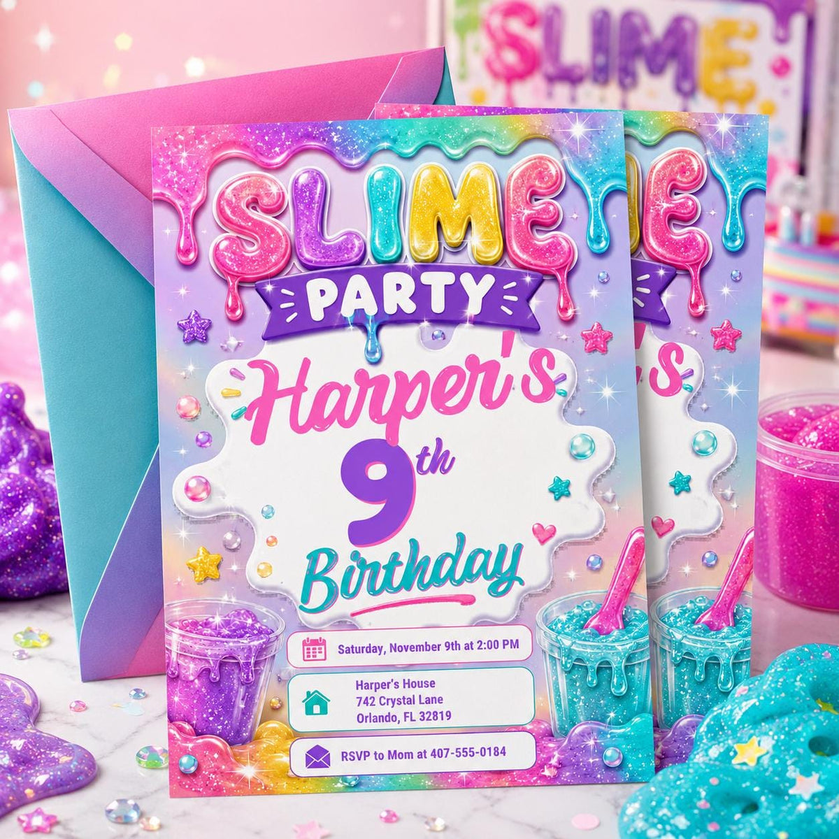 Pastel Glitter Slime 9th Birthday Invitation — sparkle artwork in pink and purple
