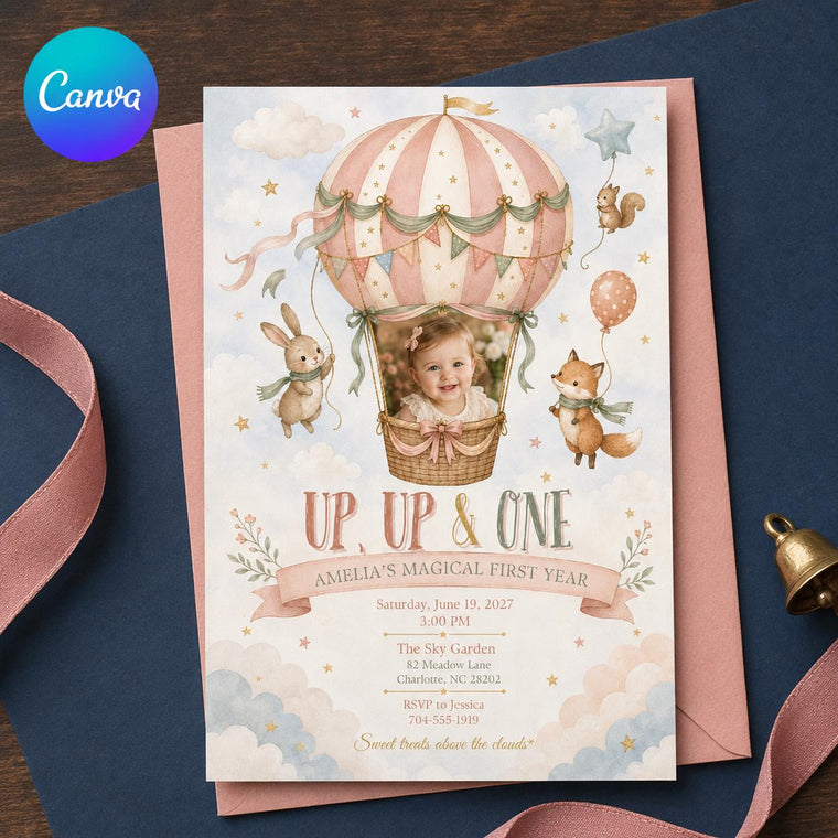 Pastel Hot Air Balloon First Birthday Invitation for Girls