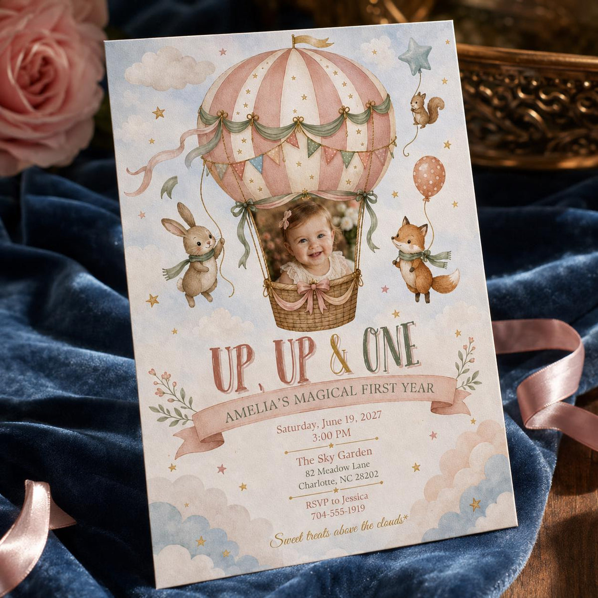 Pastel Hot Air Balloon First Birthday Invitation for Girls — first birthday stationery by VoltBy