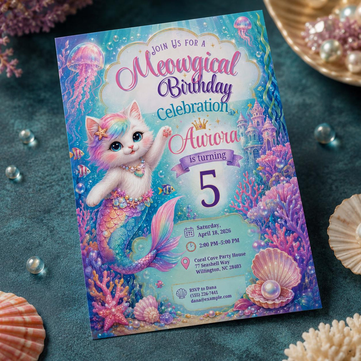 Pastel Mermaid Cat 5th Birthday Invitation: Under the Sea Kitty Party — 5th birthday party stationery by VoltBy