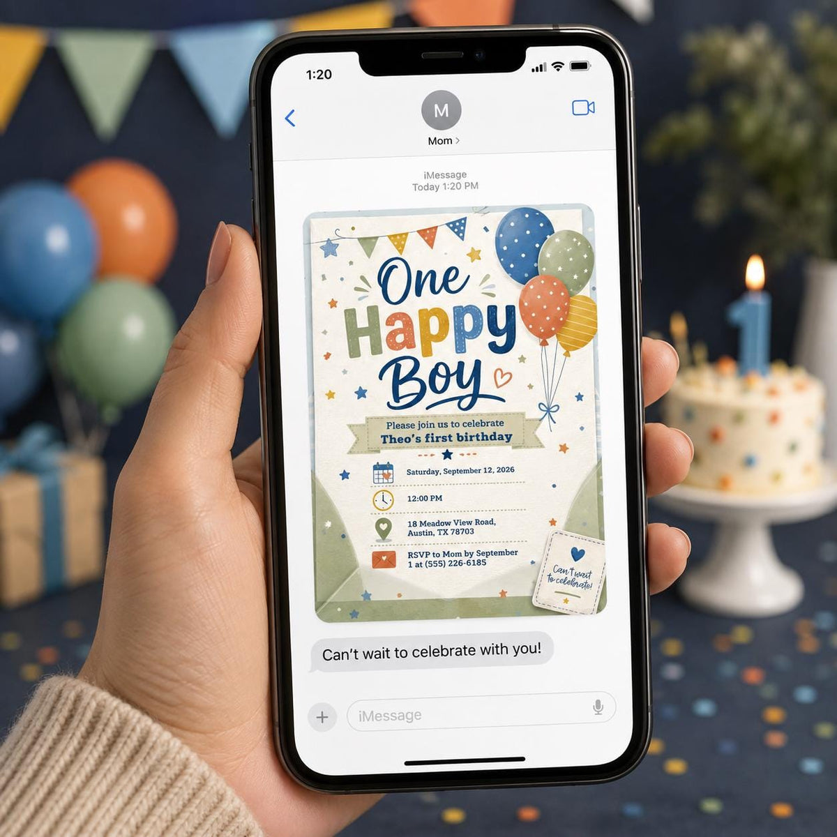 Pastel One Happy Boy First Birthday Invitation — digital invitation, instant download
