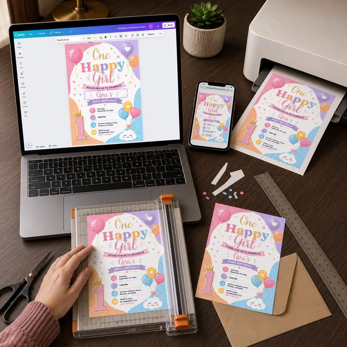 Pastel One Happy Girl First Birthday Invitation — digital invitation, instant download
