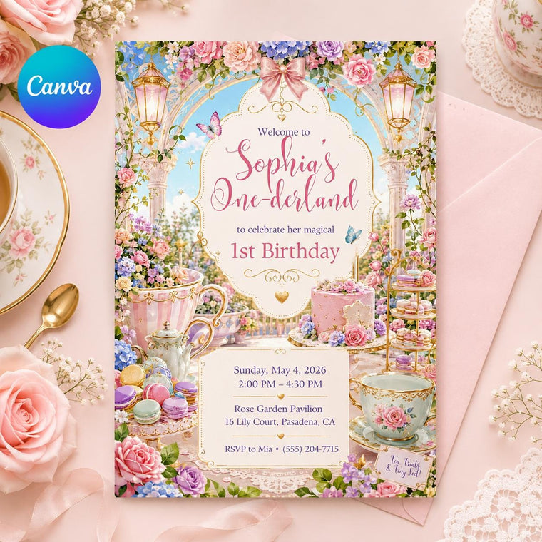 Pastel Pink Floral Tea Party 1st Birthday Invitation