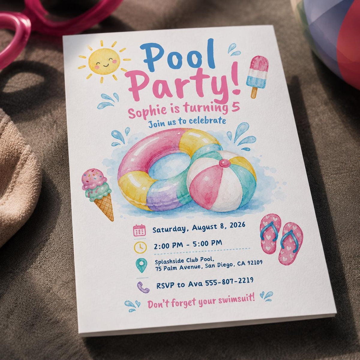 Pastel Pool Party 5th Birthday Invitation for Girls — 5th birthday party stationery by VoltBy