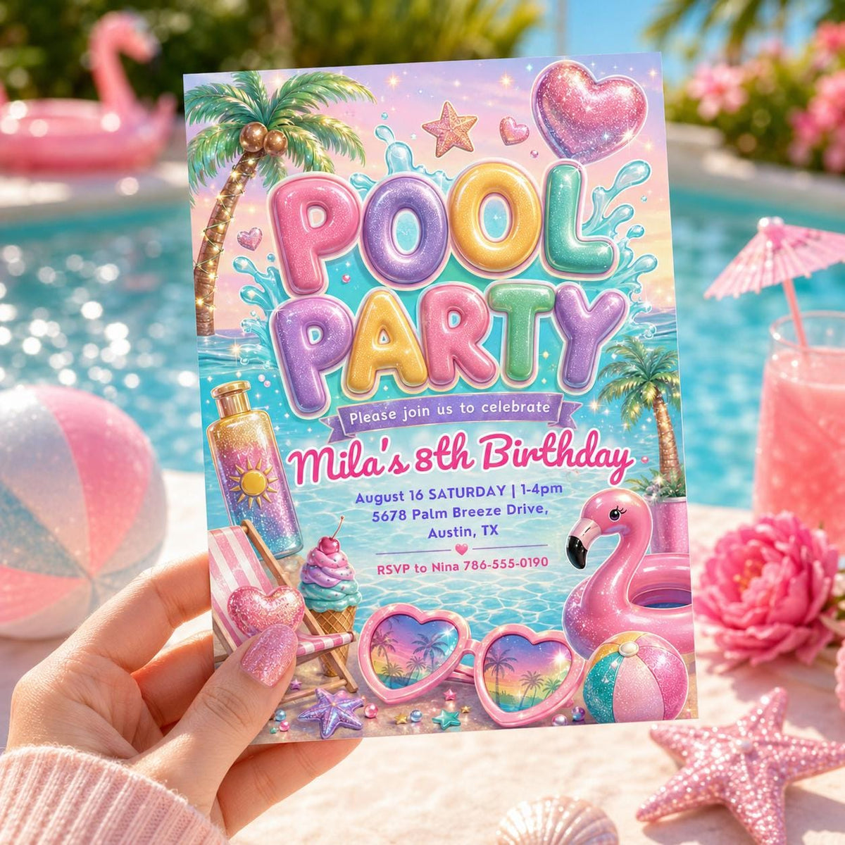 Pastel Pool Party 8th Birthday Invitation with Flamingos — print-ready 8th birthday party design from VoltBy