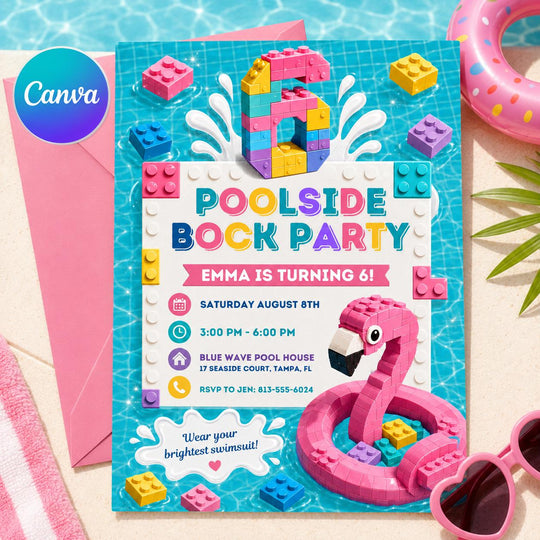 Pastel Poolside Block Party 6th Birthday Invitation for Girls