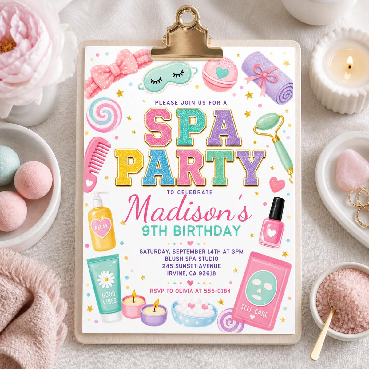 Pastel Spa Party 9th Birthday Invitation — print-ready 9th birthday party design from VoltBy