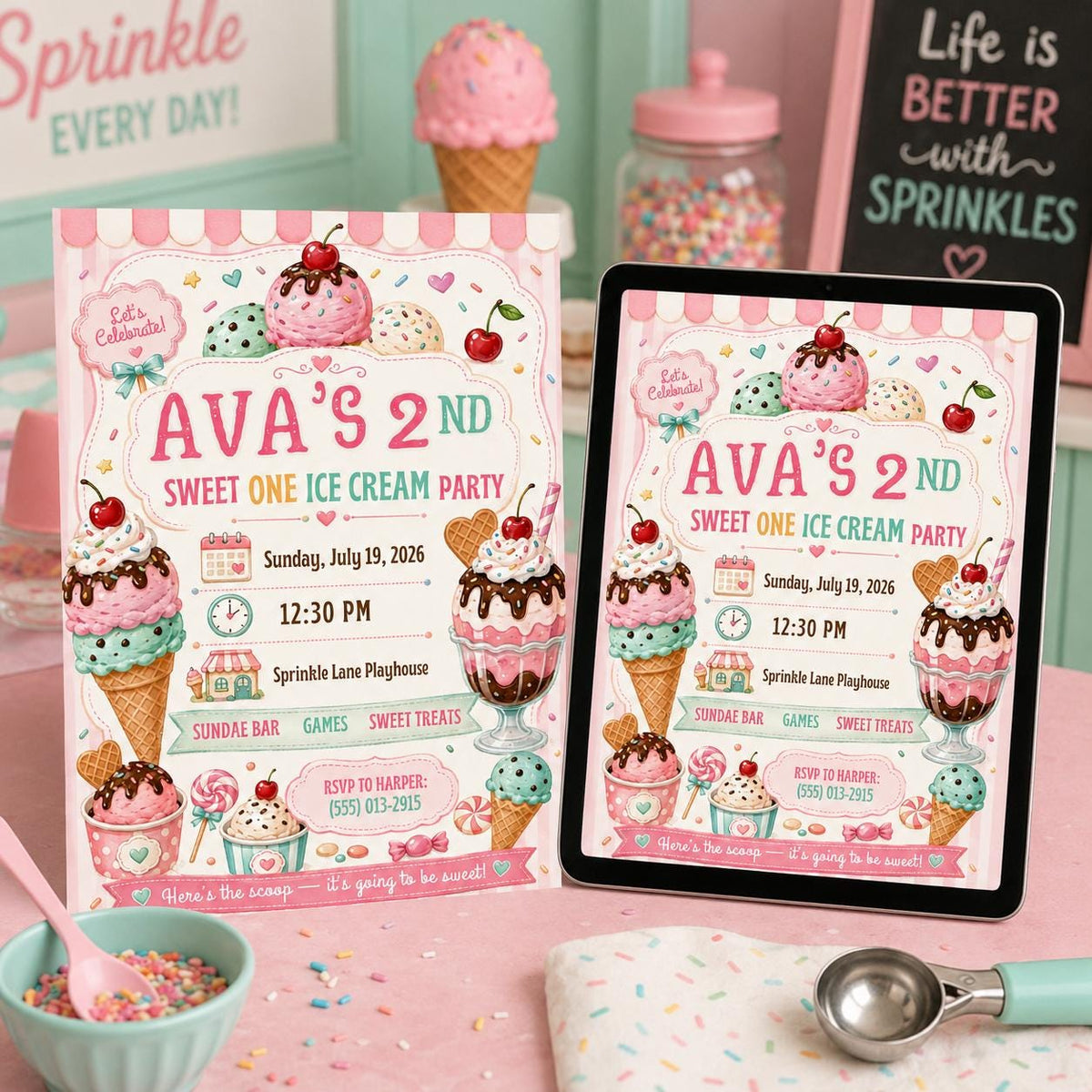 Pastel Sweet One Ice Cream Birthday Invitation — birthday party stationery by VoltBy