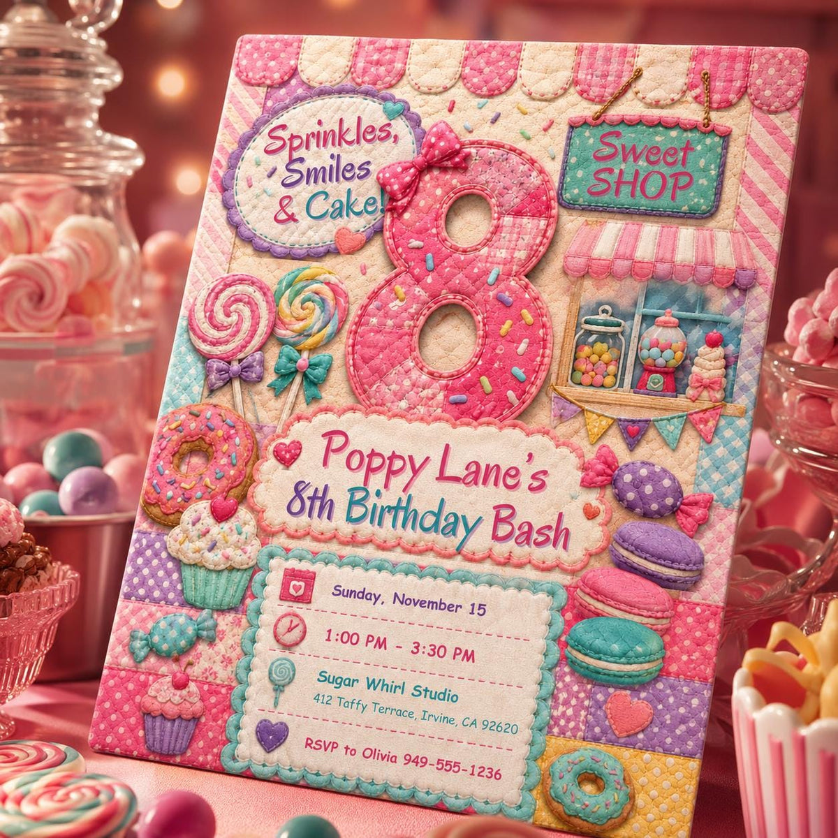 Pastel Sweet Shop 8th Birthday Invitation — digital invitation, instant download