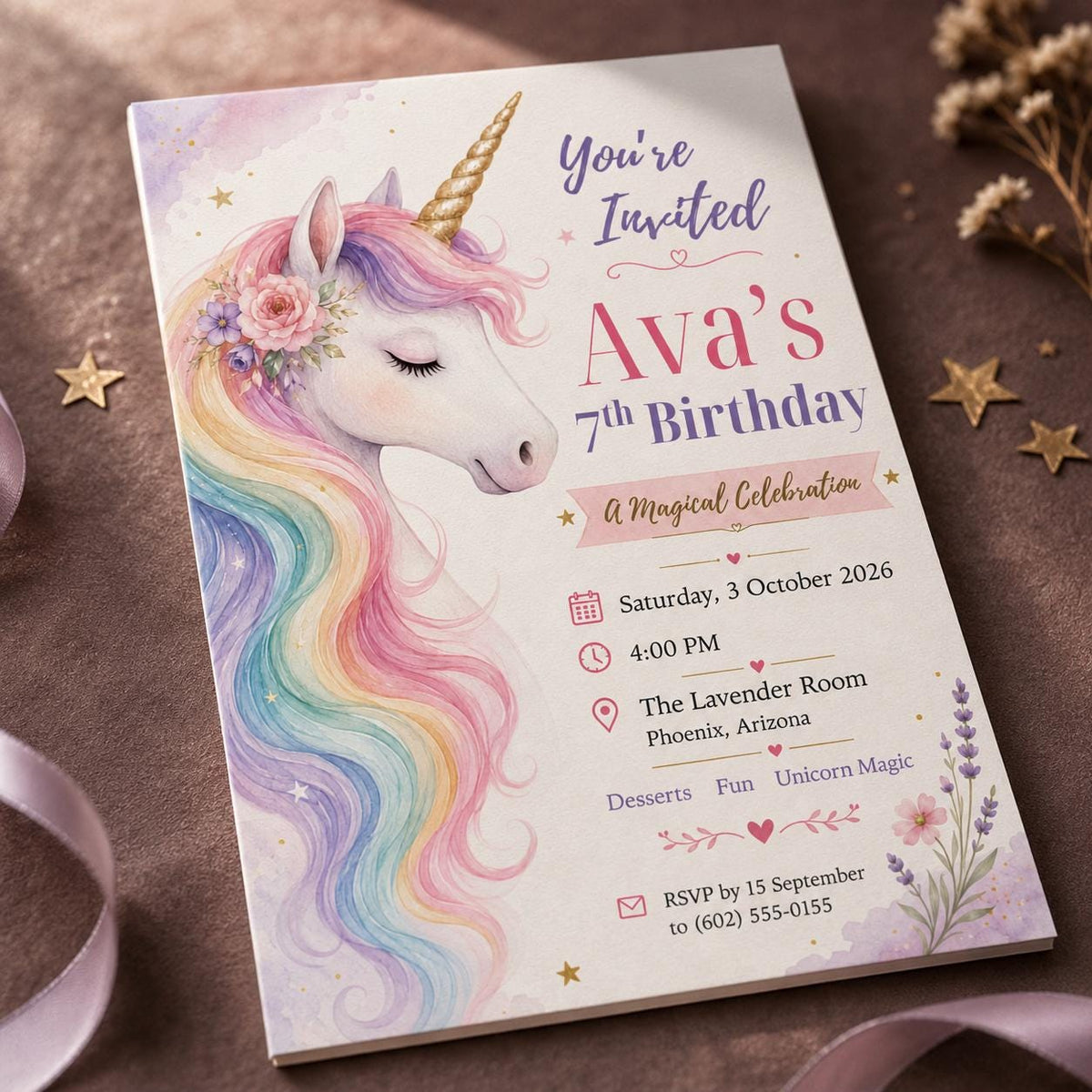Pastel Unicorn Portrait 7th Birthday Invitation — floral 7th birthday party design