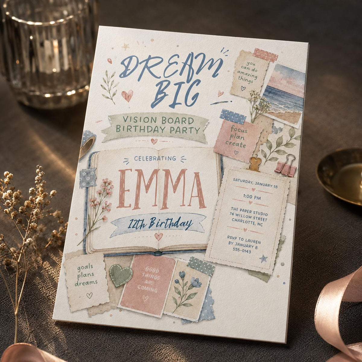 Pastel Vision Board 12th Birthday Invitation — 12th birthday party stationery by VoltBy
