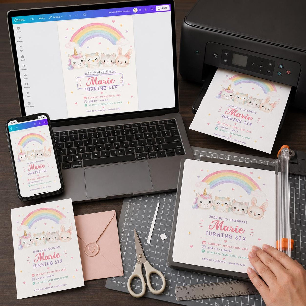 Pastel Watercolor Rainbow 6th Birthday Invitation for Girls — digital invitation, instant download