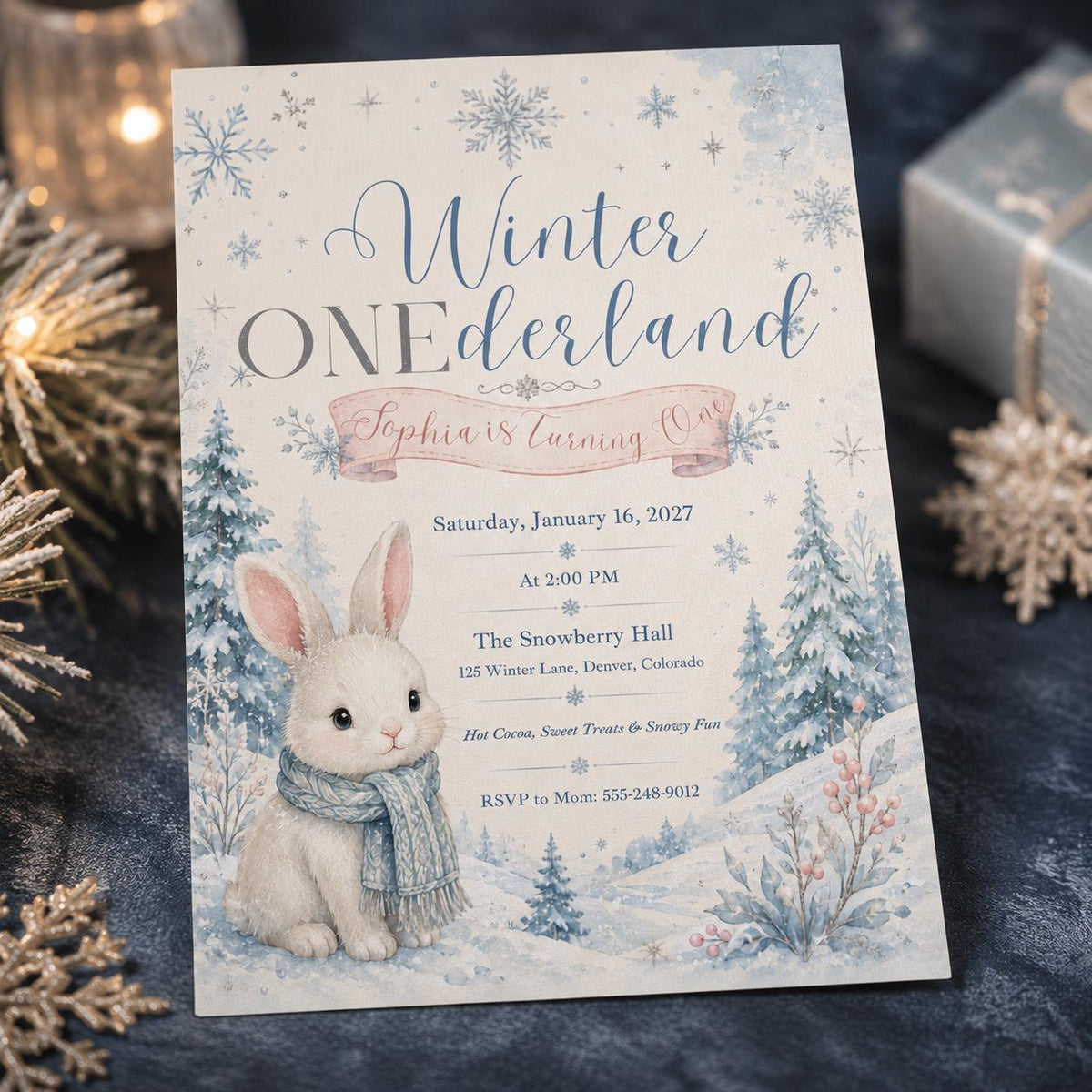 Pastel Winter Onederland First Birthday Invitation for Girls — digital invitation, instant download