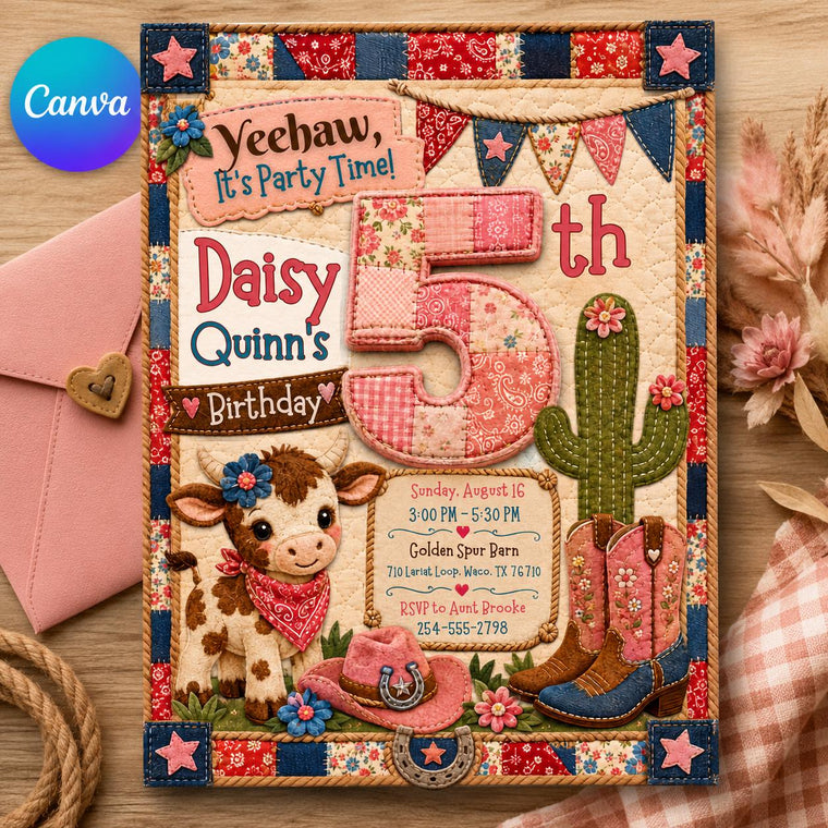 Patchwork Cowgirl 5th Birthday Invitation with Cactus