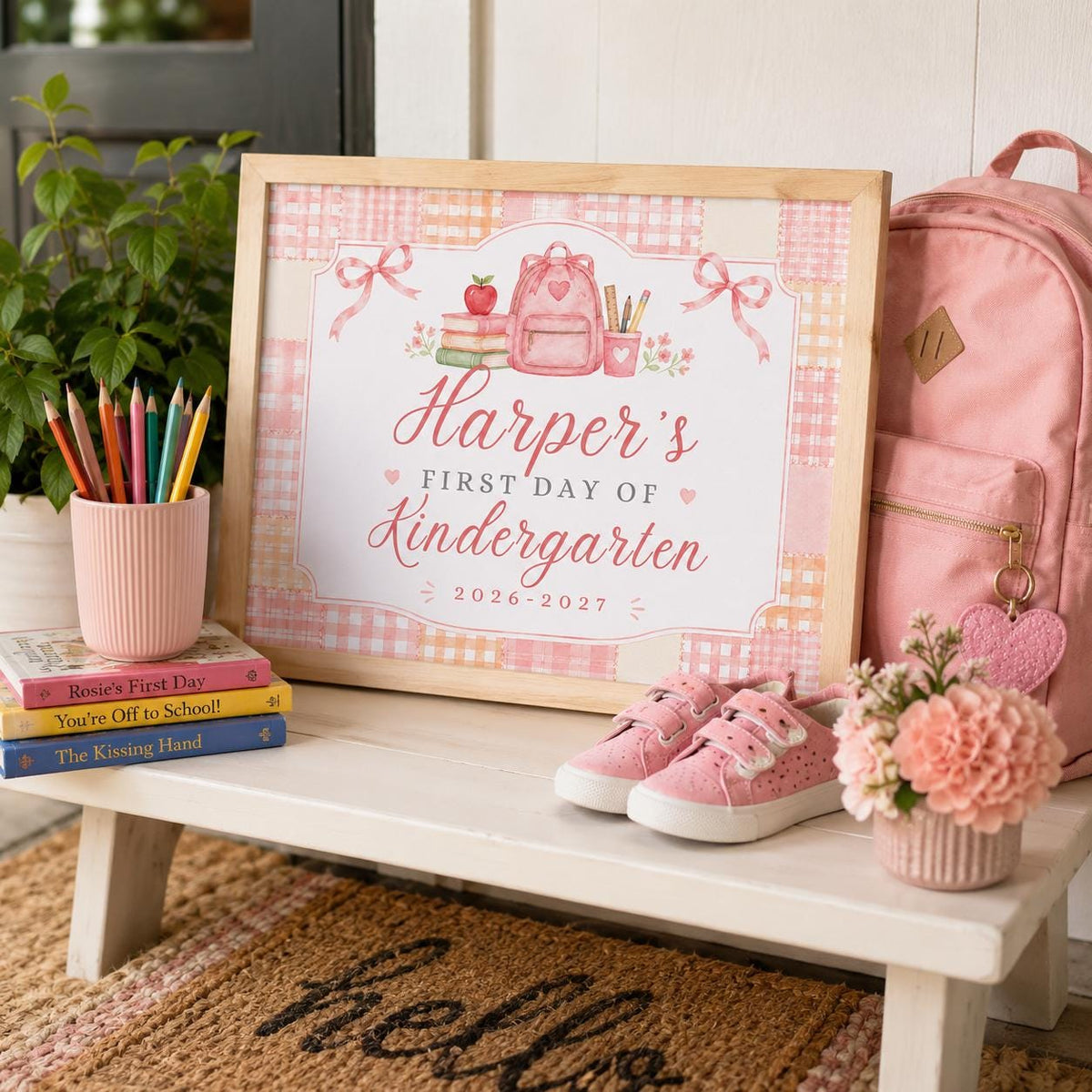 Patchwork Gingham First Day of Kindergarten Sign — backpack and library artwork in cream and orange