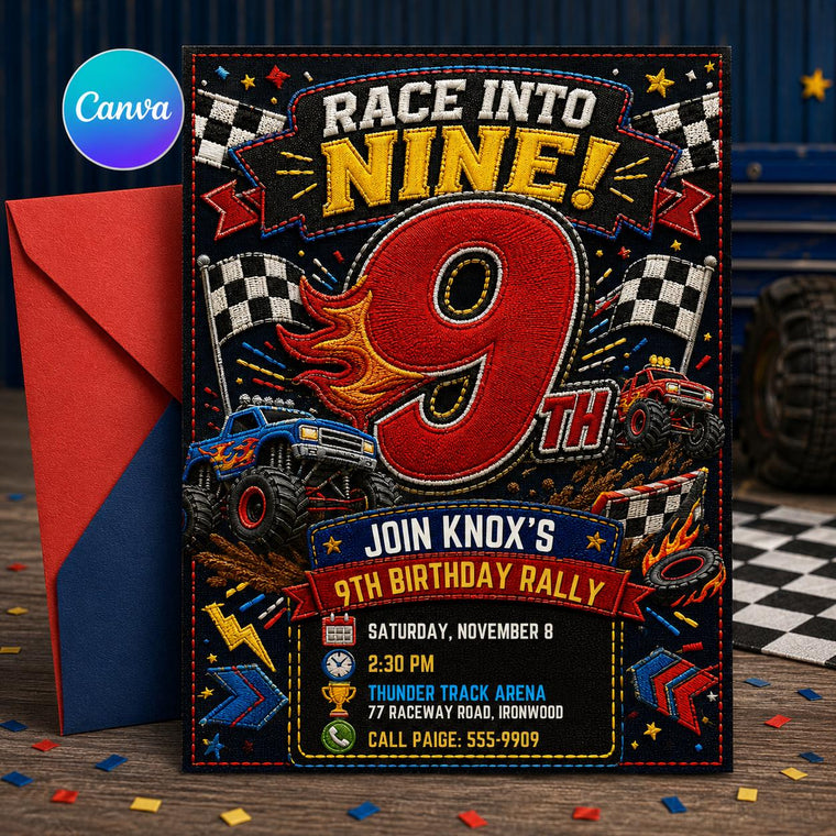 Patchwork Race into Nine Monster Truck Birthday Invitation