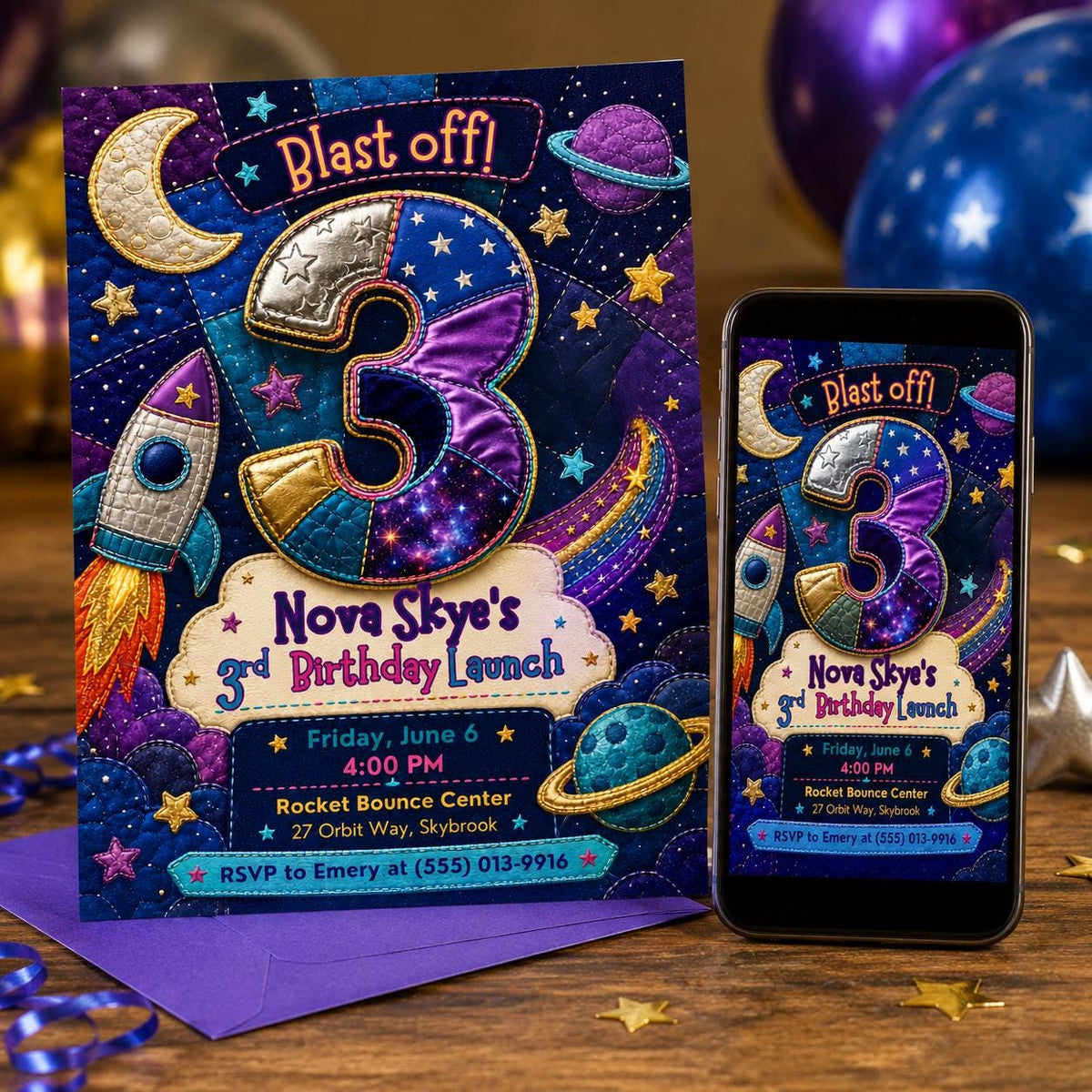Patchwork Space Blast Off 3rd Birthday Invitation — digital invitation, instant download