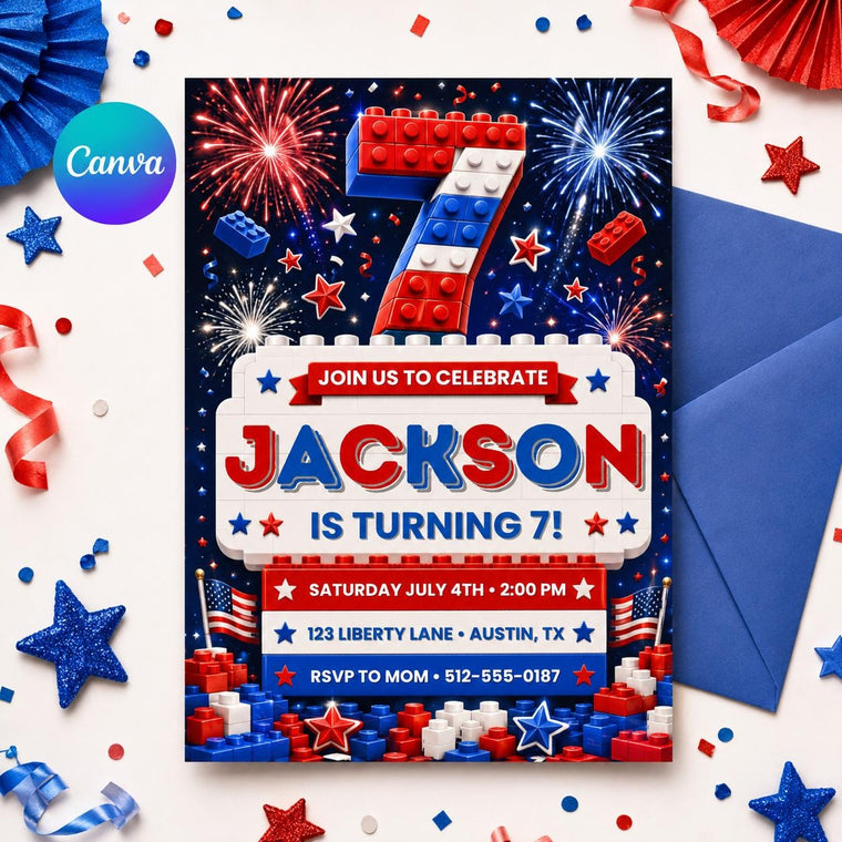 Patriotic Building Block 7th Birthday Invitation