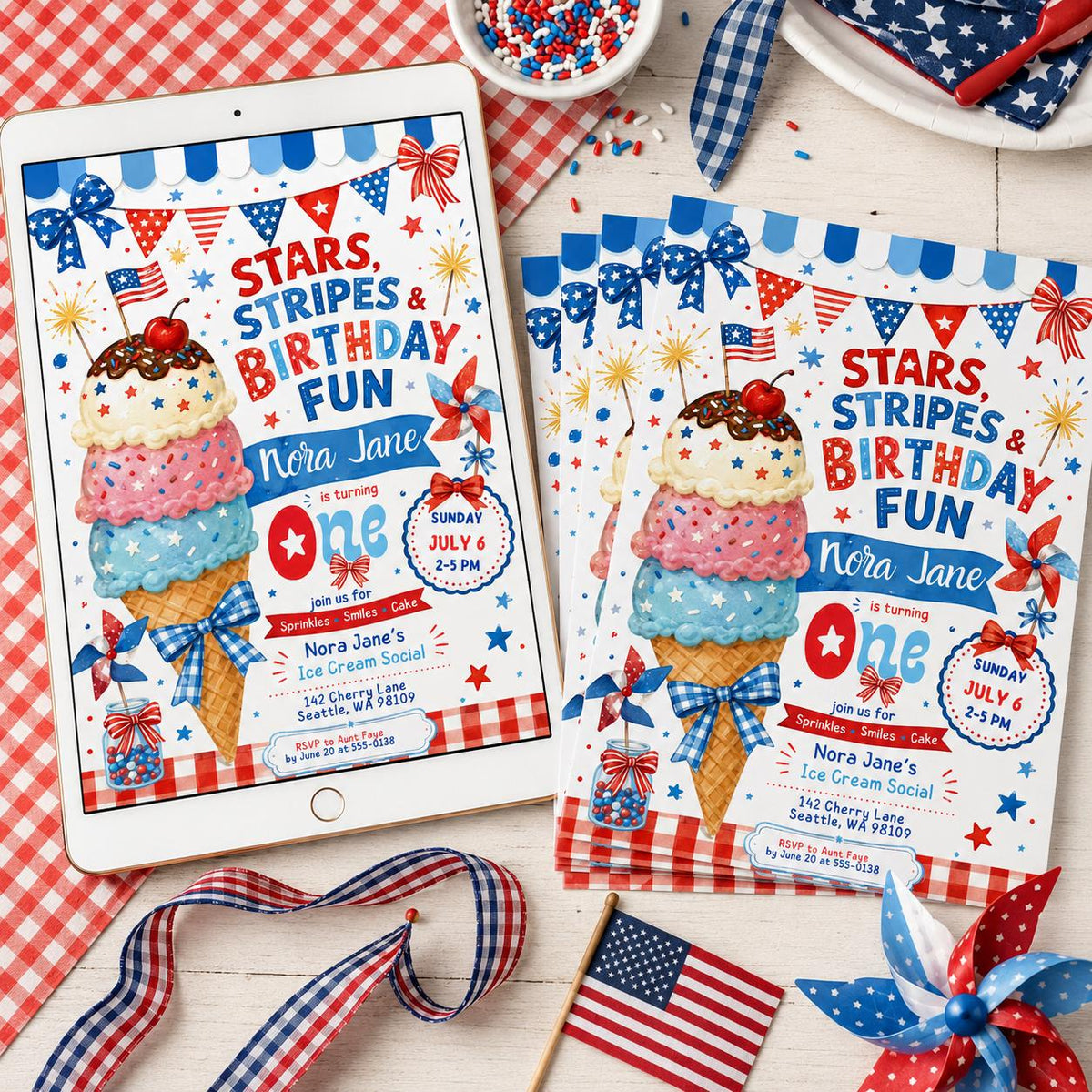 Patriotic Stars Stripes Birthday Ice Cream Social Invitation — digital invitation, instant download