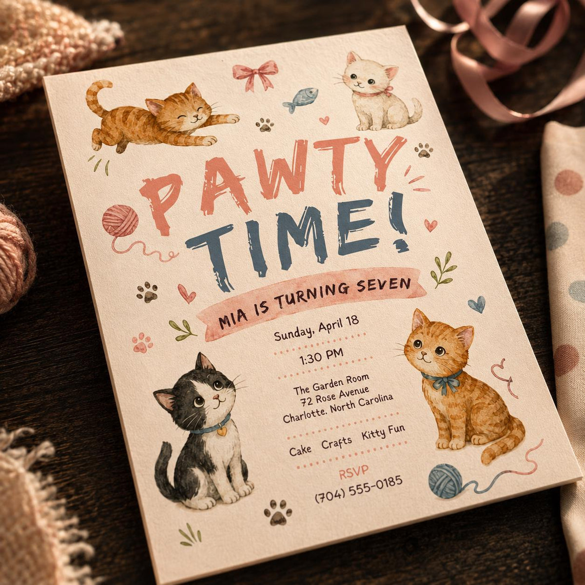 Pawty Time Four Kittens 7th Birthday Invitation — digital invitation, instant download