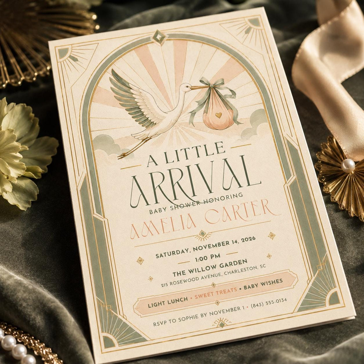 Peach Art Deco Stork Baby Shower Invitation — baby shower stationery by VoltBy