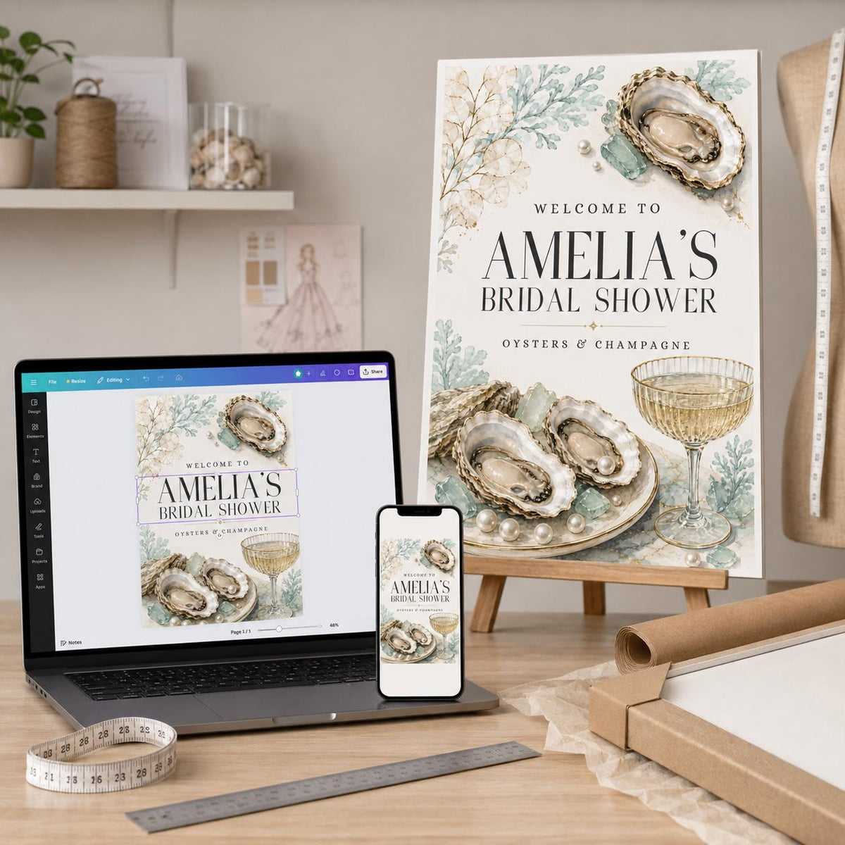 Pearl Oysters & Champagne Bridal Shower Welcome Sign — digital welcome sign, instant download