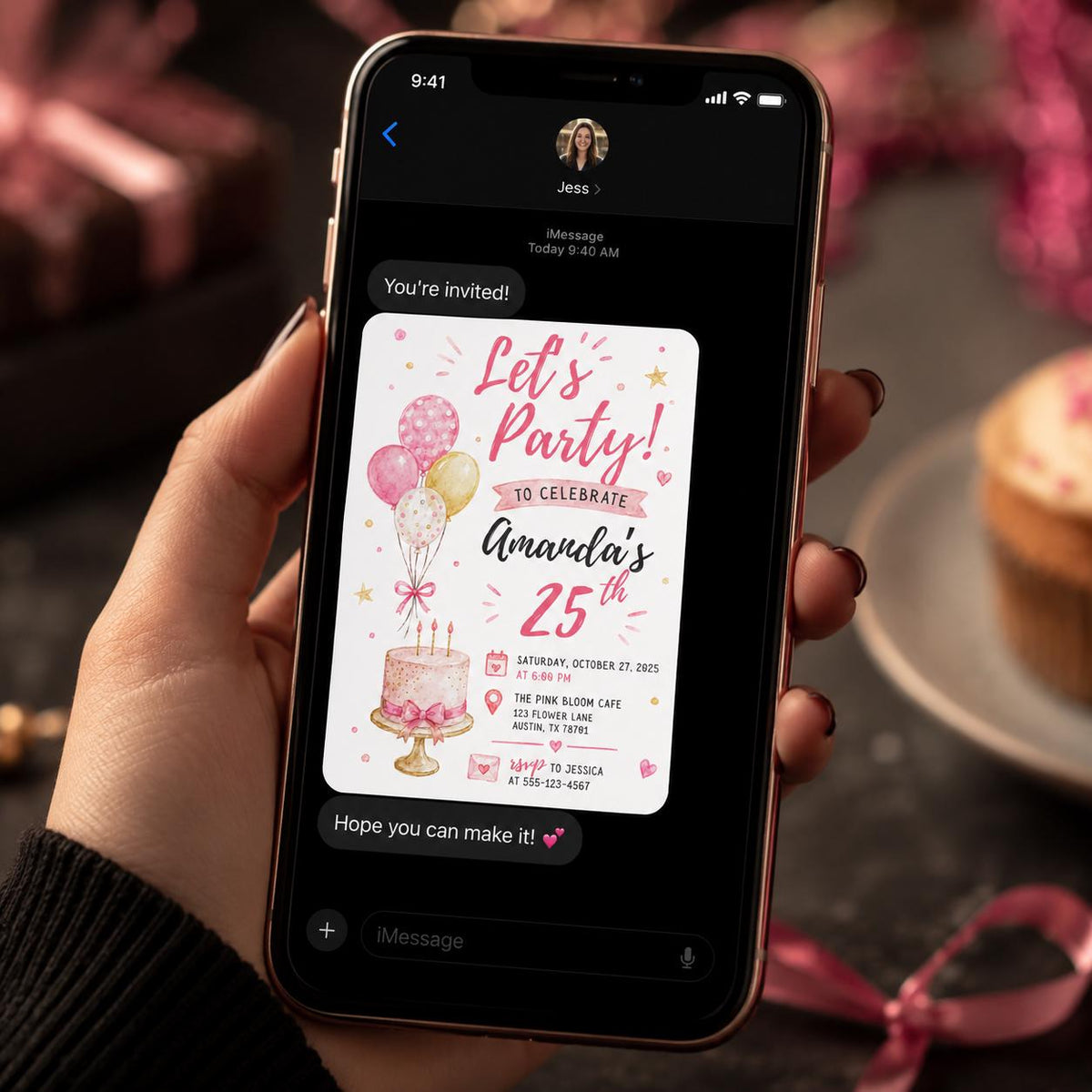 Pink 25th Birthday Invitation for Her — digital invitation, instant download