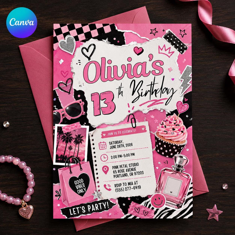 Pink and Black 13th Birthday Invitation for Girls