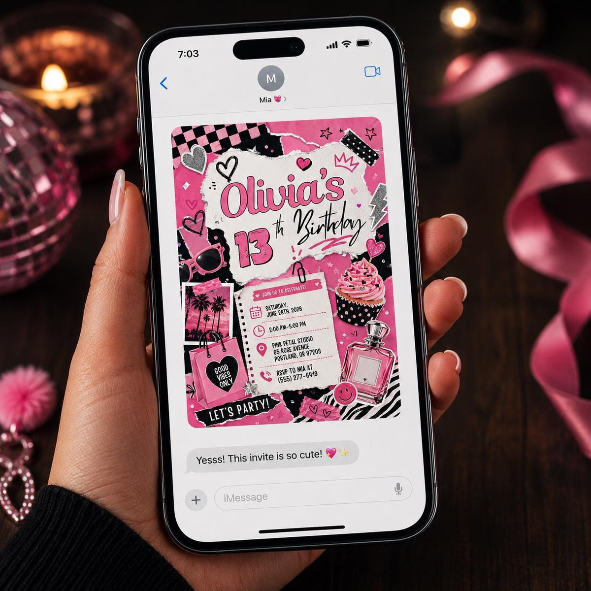 Pink and Black 13th Birthday Invitation for Girls — 13th birthday party stationery by VoltBy