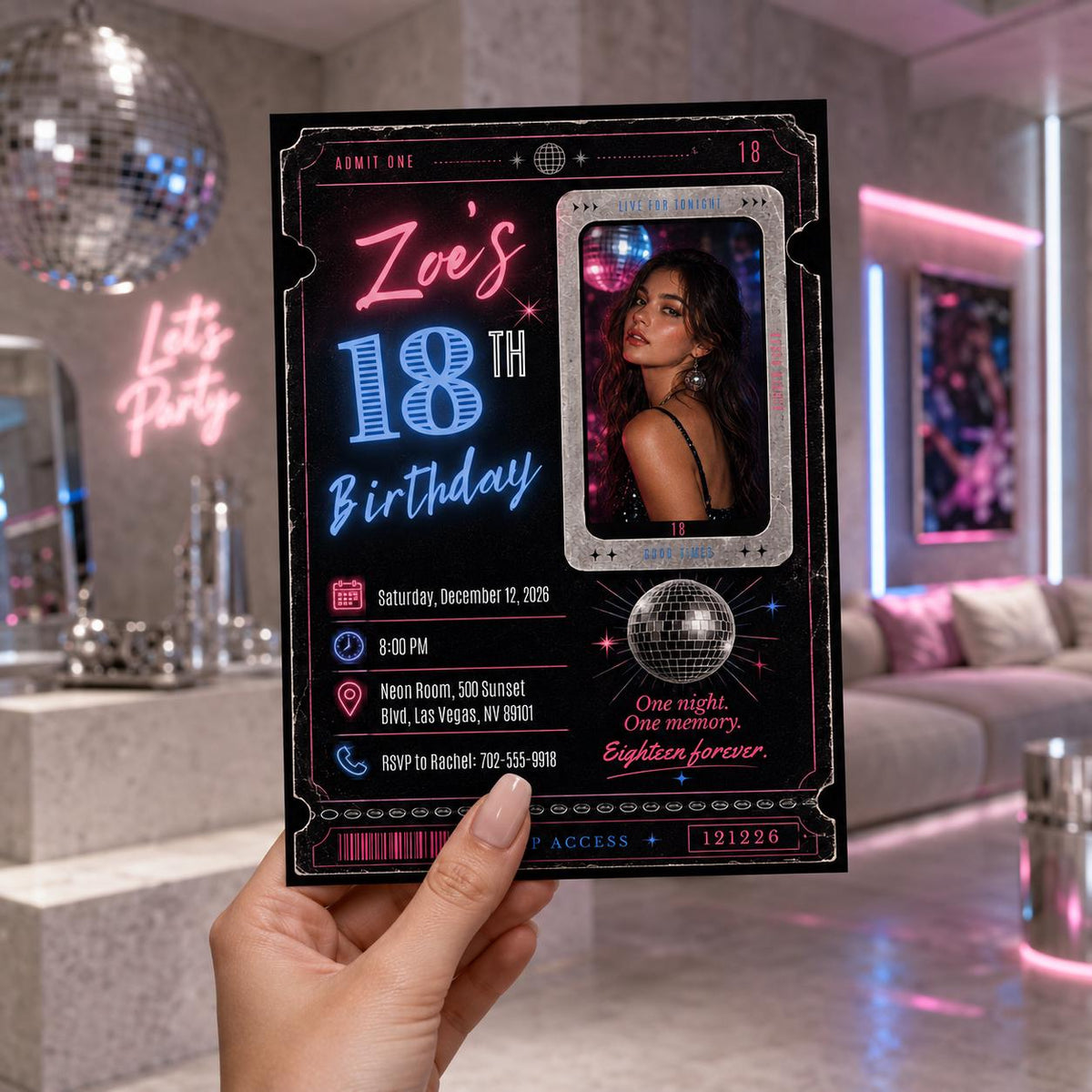 Pink and Black 18th Birthday VIP Ticket Invitation — print-ready 18th birthday party design from VoltBy