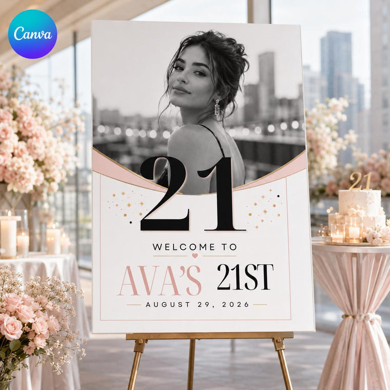 Pink and Black 21st Birthday Welcome Sign with Photo