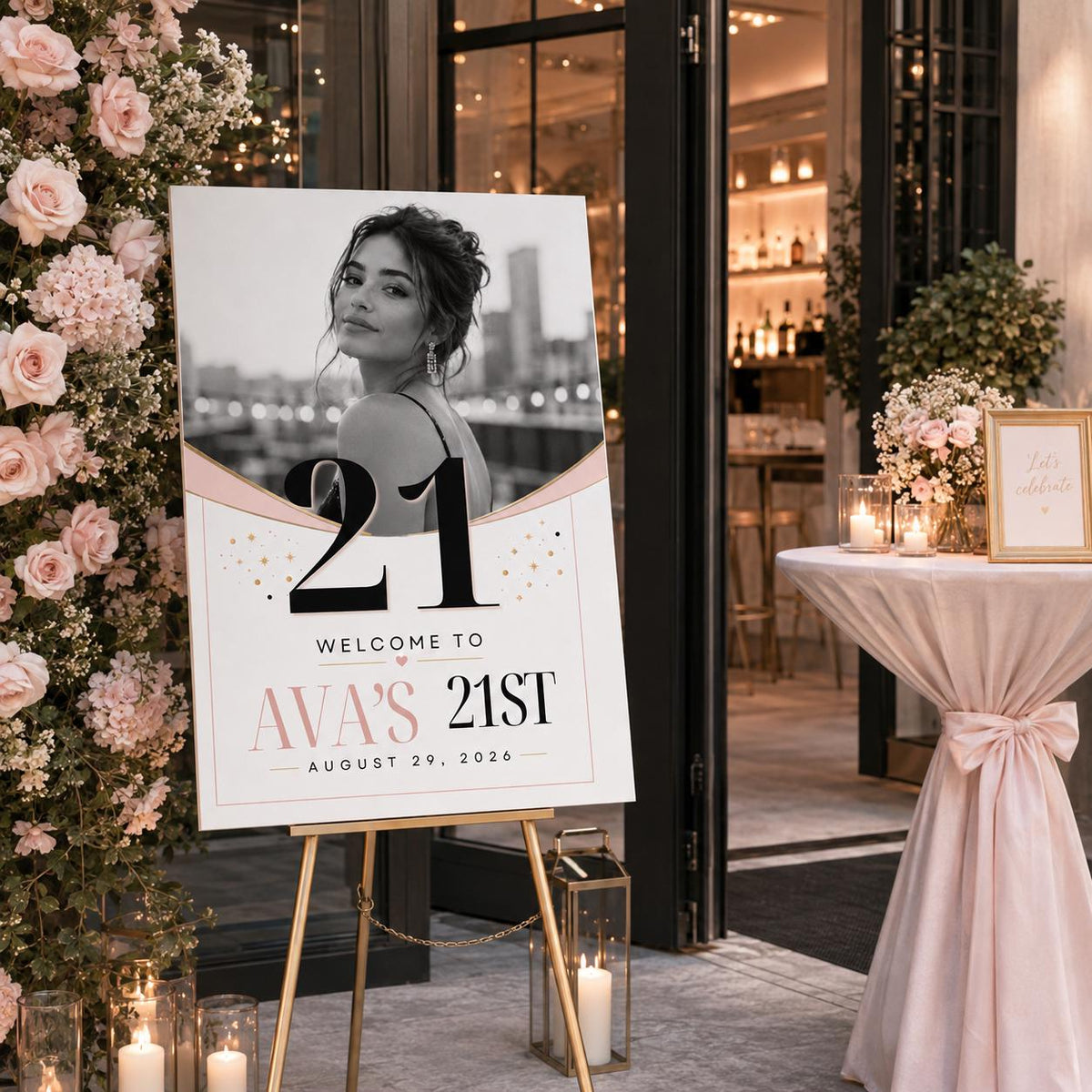 Pink and Black 21st Birthday Welcome Sign with Photo — digital welcome sign, instant download