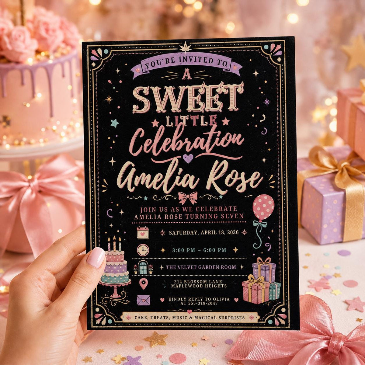 Pink and Black Girl Birthday Invitation — digital invitation, instant download