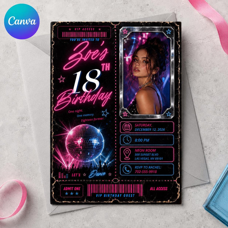 Pink and Blue 18th Birthday Invitation: Neon VIP Ticket Party