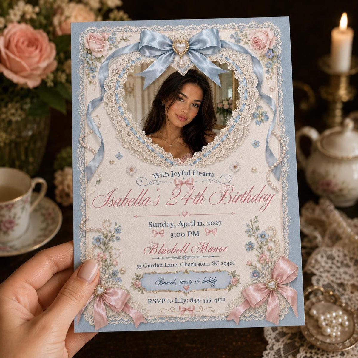 Pink and Blue 24th Birthday Invitation — print-ready 24th birthday party design from VoltBy