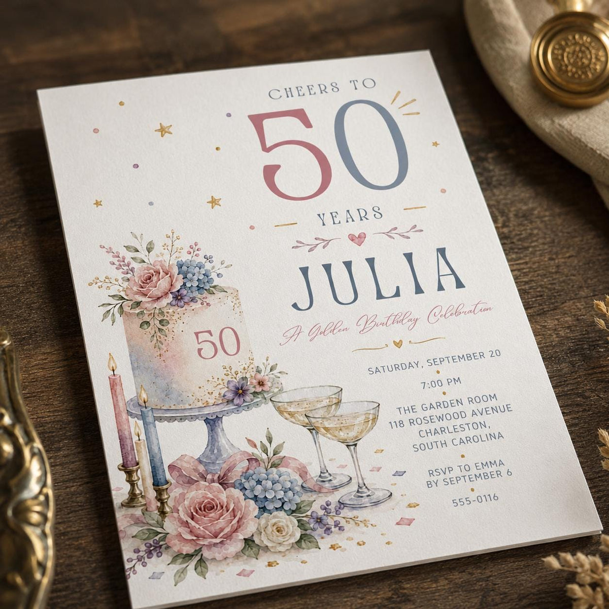 Pink and Blue 50th Birthday Invitation — print-ready 50th birthday party design from VoltBy