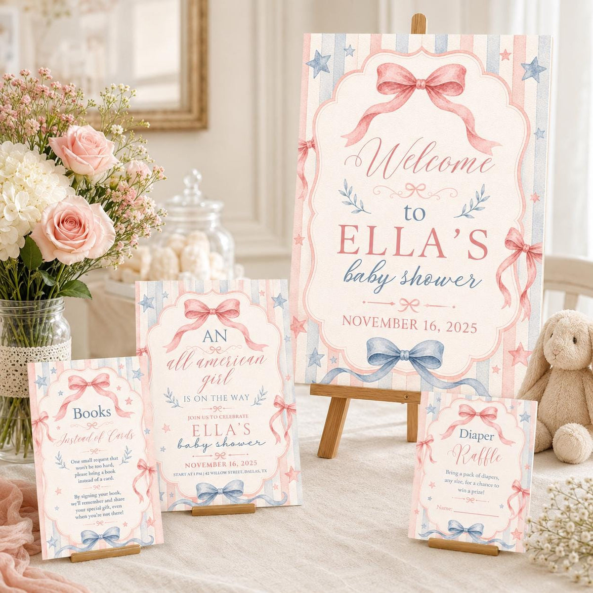 Pink and Blue All American Girl Baby Shower Bundle — print-ready baby shower design from VoltBy